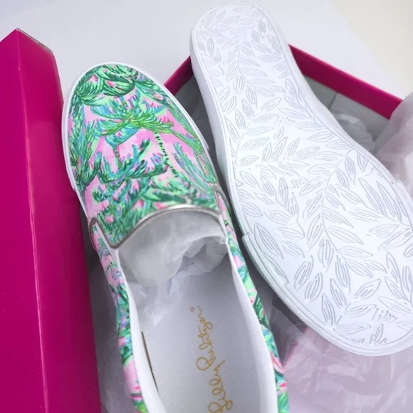 New Lilly Pulitzer Women's Palm Print Slip-On Shoes - Green and Pink Sz …