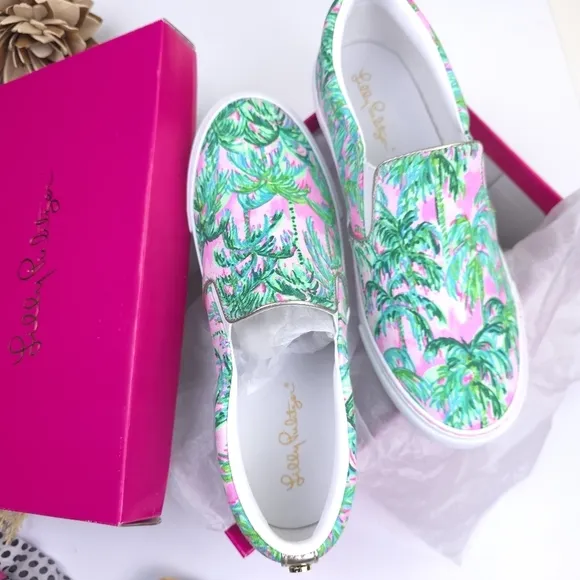 New Lilly Pulitzer Women's Palm Print Slip-On Shoes - Green and Pink Sz …