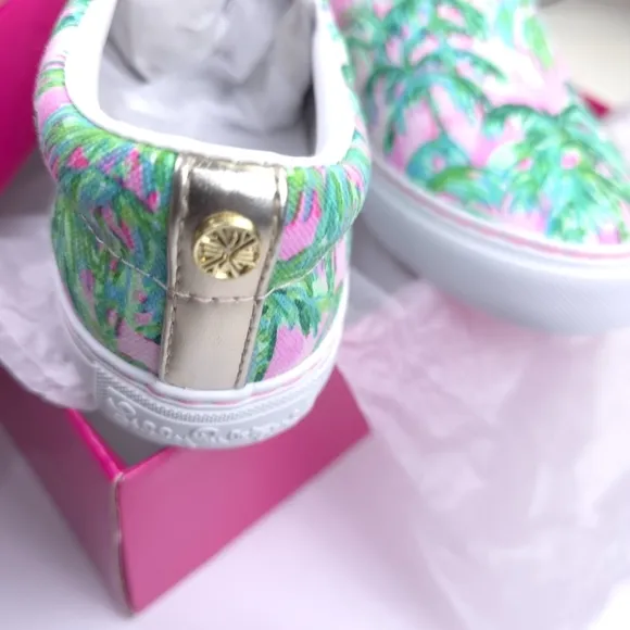 New Lilly Pulitzer Women's Palm Print Slip-On Shoes - Green and Pink Sz …