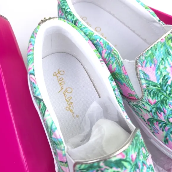 New Lilly Pulitzer Women's Palm Print Slip-On Shoes - Green and Pink Sz …