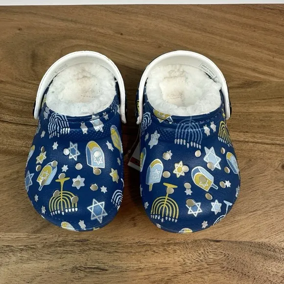 New Little Kids Crocs Classic Lined Blue Hanukkah Clogs Shoes Sandals Size 5 C