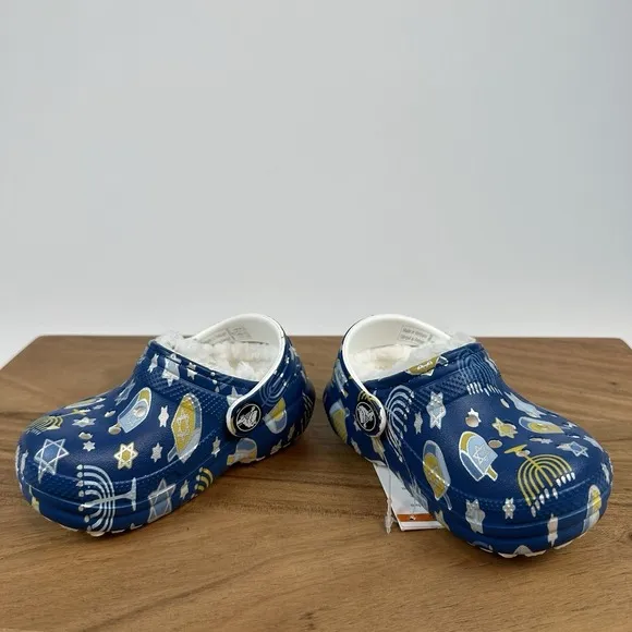 New Little Kids Crocs Classic Lined Blue Hanukkah Clogs Shoes Sandals Size 5 C