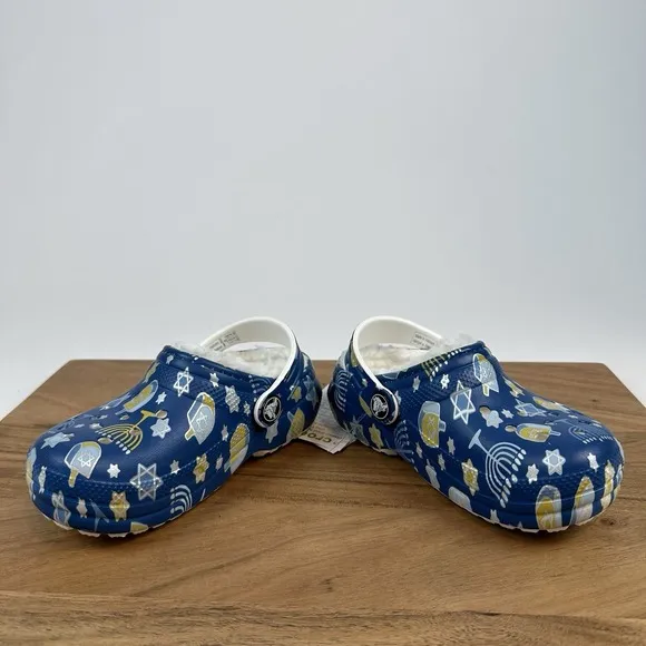 New Little Kids Crocs Classic Lined Blue Hanukkah Clogs Shoes Sandals Size 9 C