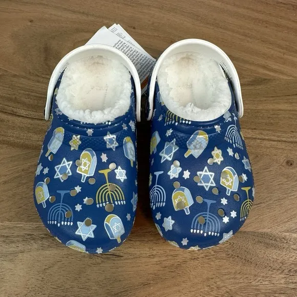 New Little Kids Crocs Classic Lined Blue Hanukkah Clogs Shoes Sandals Size 9 C