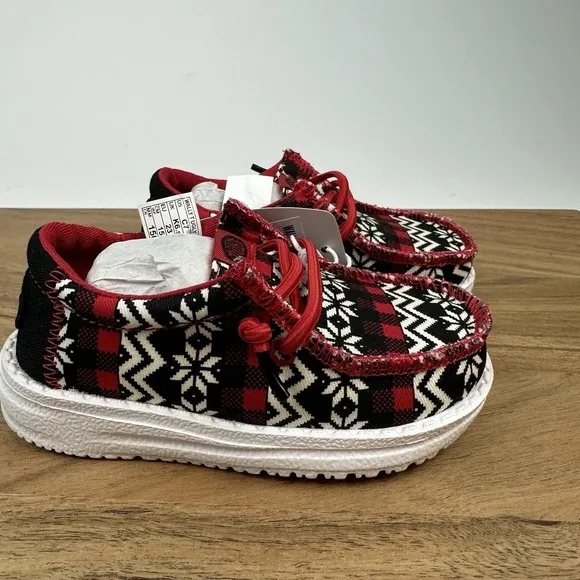 New Little Kids Hey Dude Wally Toddler Ugly Sweater Black/Red/Wht Shoes Size 7 C