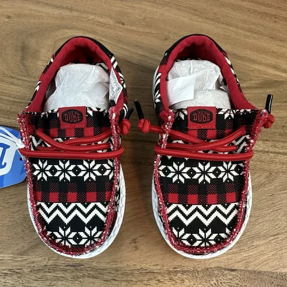 New Little Kids Hey Dude Wally Toddler Ugly Sweater Black/Red/Wht Shoes Size 7 C