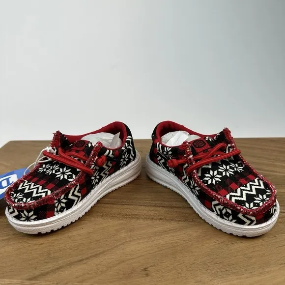 New Little Kids Hey Dude Wally Toddler Ugly Sweater Black/Red/Wht Shoes Size 7 C