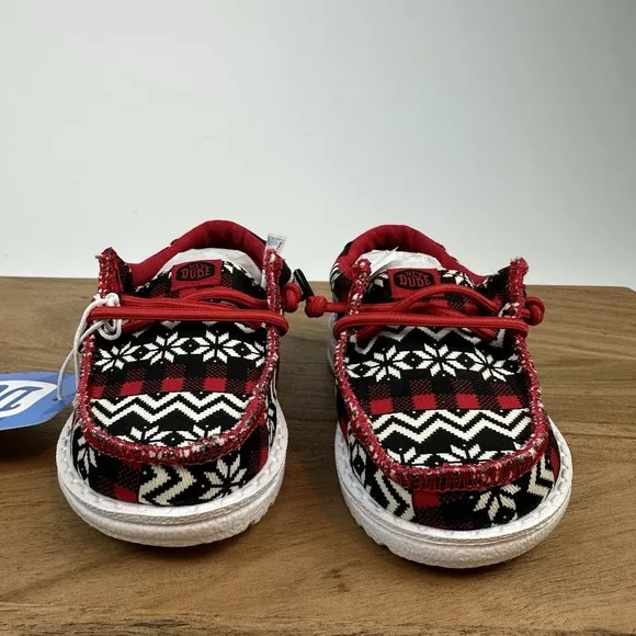 New Little Kids Hey Dude Wally Toddler Ugly Sweater Black/Red/Wht Shoes Size 7 C