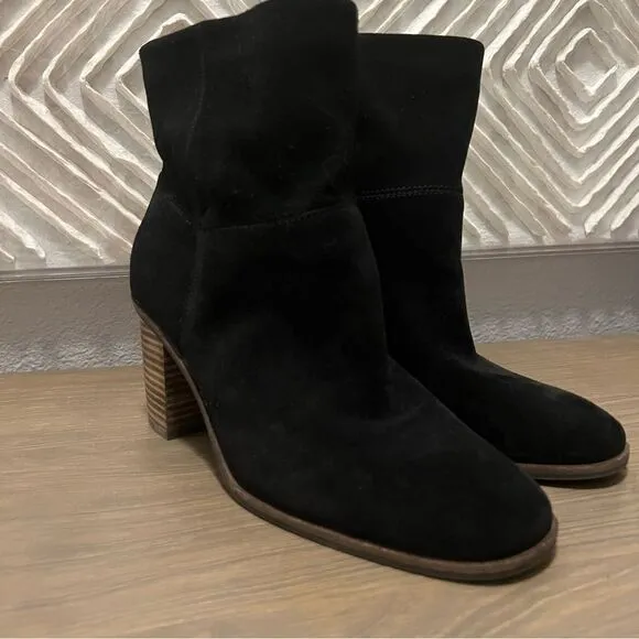 NEW Lucky Brand Jicole Black Suede Slouch Ankle Block Heel Bootie Boots 9.5