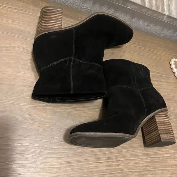 NEW Lucky Brand Jicole Black Suede Slouch Ankle Block Heel Bootie Boots 9.5