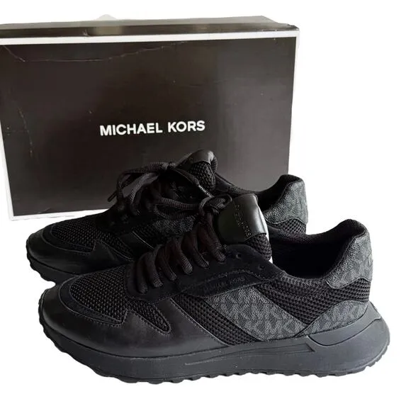 NEW Michael Kors Dax Leather SNEAKERS Logo &amp; Mesh Trainer Mens 7.5 SHOES Black