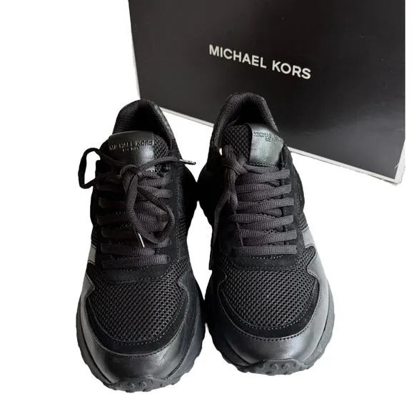 NEW Michael Kors Dax Leather SNEAKERS Logo &amp; Mesh Trainer Mens 7.5 SHOES Black