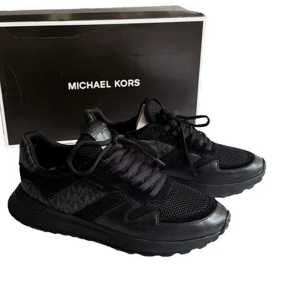 NEW Michael Kors Dax Leather SNEAKERS Logo &amp; Mesh Trainer Mens 7.5 SHOES Black