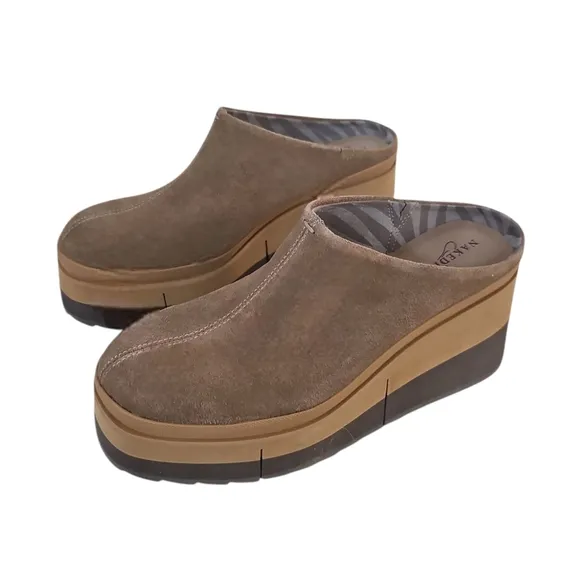 New Naked Feet Womens Coach Otter Leather Brown Suede Platform Clogs Size 7.5