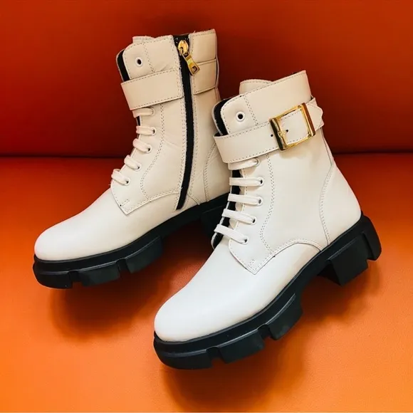 New! NORA BARTH Italy Leather Platform Combat Moto Boots