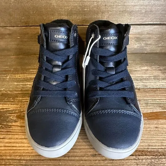 New NWOB Little Kids Geox Blue Leather Glitter Hi-Top Sneakers Shoes Size 10.5 C