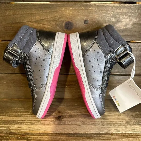 New NWOB Little Kids Geox Gray Leather High‎ Top Star Sneakers Shoes Size 8 C