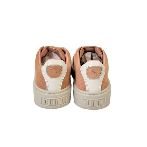 New Puma Platform Strap Satin &amp; Suede Low Top Sneakers Peach Pink Beige &amp; White