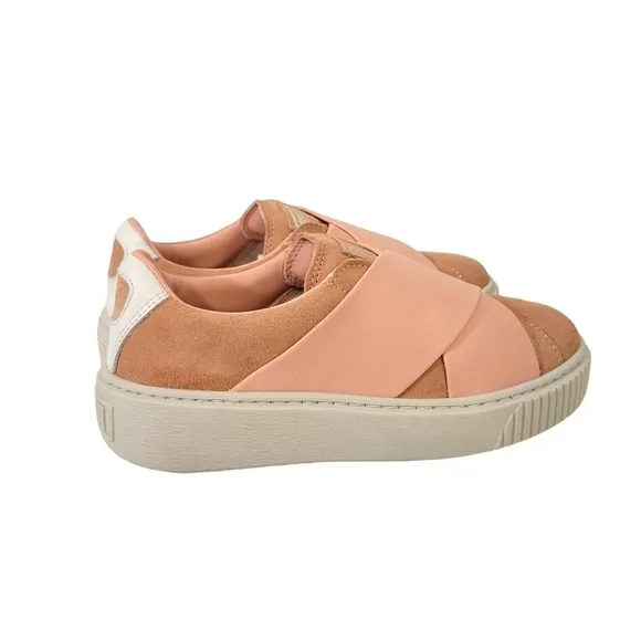 New Puma Platform Strap Satin &amp; Suede Low Top Sneakers Peach Pink Beige &amp; White