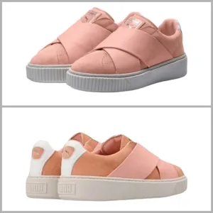 New Puma Platform Strap Satin &amp; Suede Low Top Sneakers Peach Pink Beige &amp; White