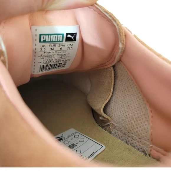 New Puma Platform Strap Satin &amp; Suede Low Top Sneakers Peach Pink Beige &amp; White