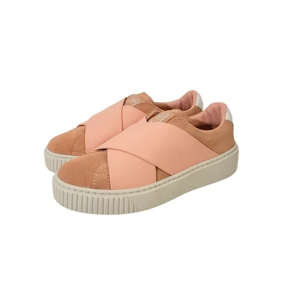 New Puma Platform Strap Satin &amp; Suede Low Top Sneakers Peach Pink Beige &amp; White