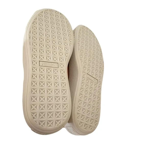 New Puma Platform Strap Satin &amp; Suede Low Top Sneakers Peach Pink Beige &amp; White