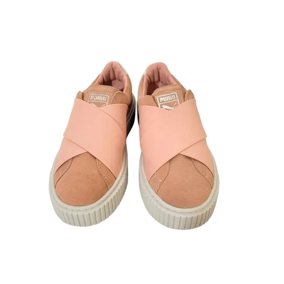 New Puma Platform Strap Satin &amp; Suede Low Top Sneakers Peach Pink Beige &amp; White