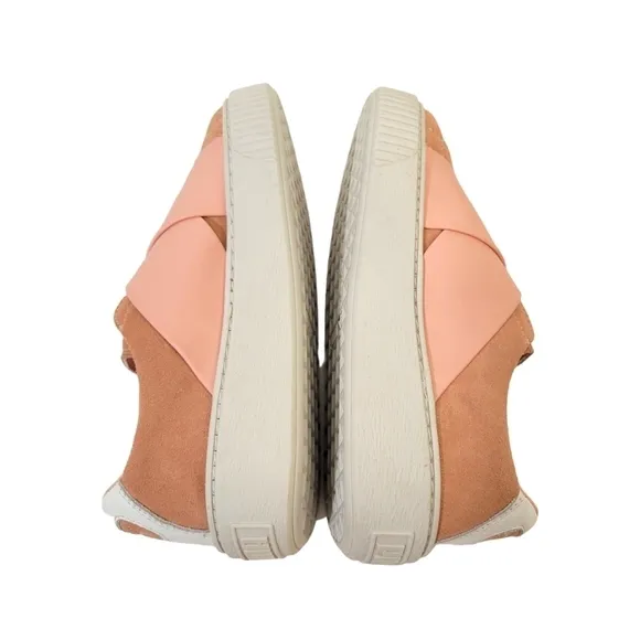 New Puma Platform Strap Satin &amp; Suede Low Top Sneakers Peach Pink Beige &amp; White