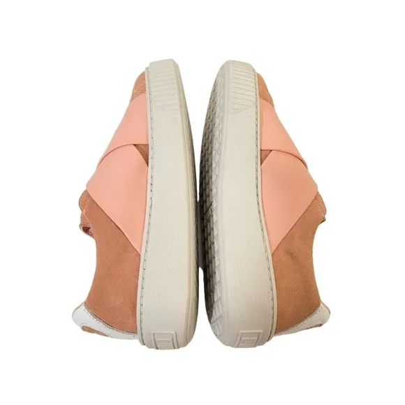New Puma Platform Strap Satin &amp; Suede Low Top Sneakers Peach Pink Beige &amp; White