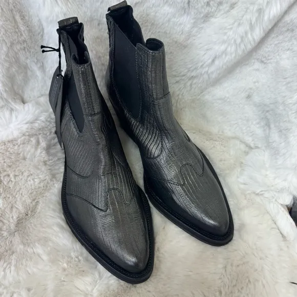 NEW Replay Silver Maidan Leather Embossed Chelsea Ankle Pointed Boots 5.5