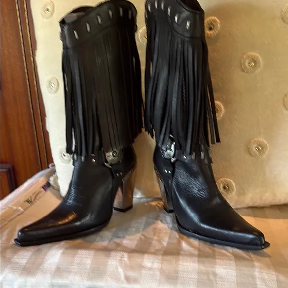 New Rock Fringed Black Leather Boots
