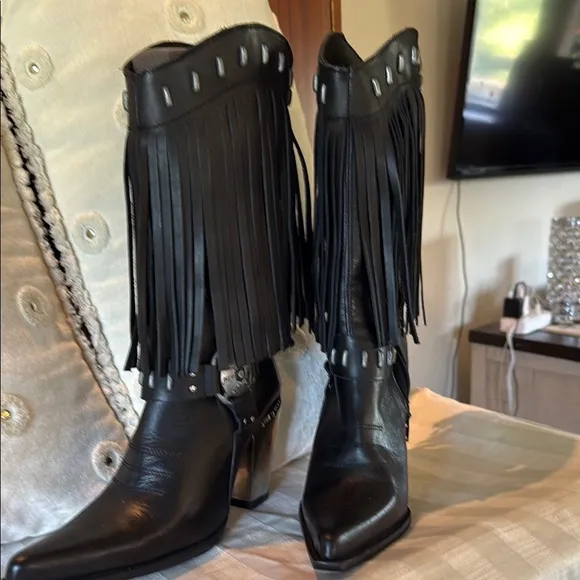 New Rock Fringed Black Leather Boots
