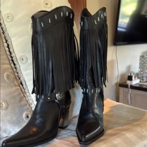 New Rock Fringed Black Leather Boots