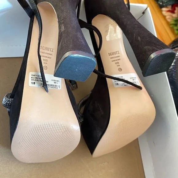 New SCHUTZ peaky platforms Shoes black suede rhinestone high heels 10 Revolve