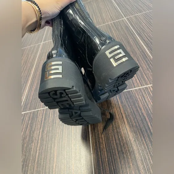 NEW StellaLuna Black Polished Croc Embossed Lace Up Boots