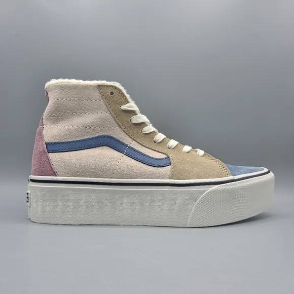 New Vans Sk8-Hi Top Tapered Stackform Platform Pig Suede Sherpa Faux Fur Cream