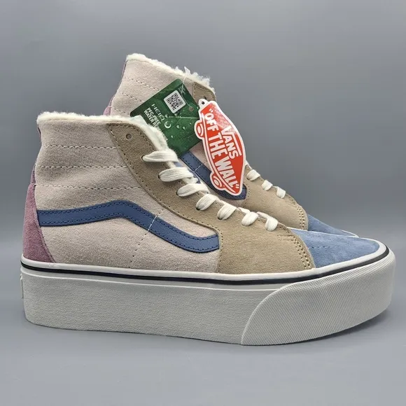 New Vans Sk8-Hi Top Tapered Stackform Platform Pig Suede Sherpa Faux Fur Cream
