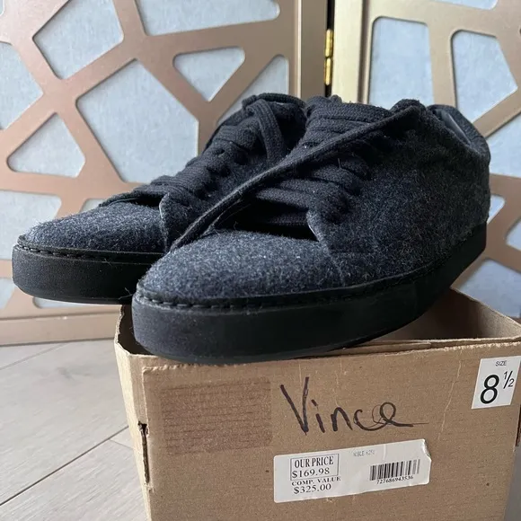 New VINCE NOBLE WOOL BLEND SNEAKER SHOES Gray 8 8.5 Leather Insole Eu 42 M Mens