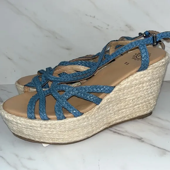 NEW Vintage foundry Eloise blue strappy woven wedge heel sandals sz 9.5