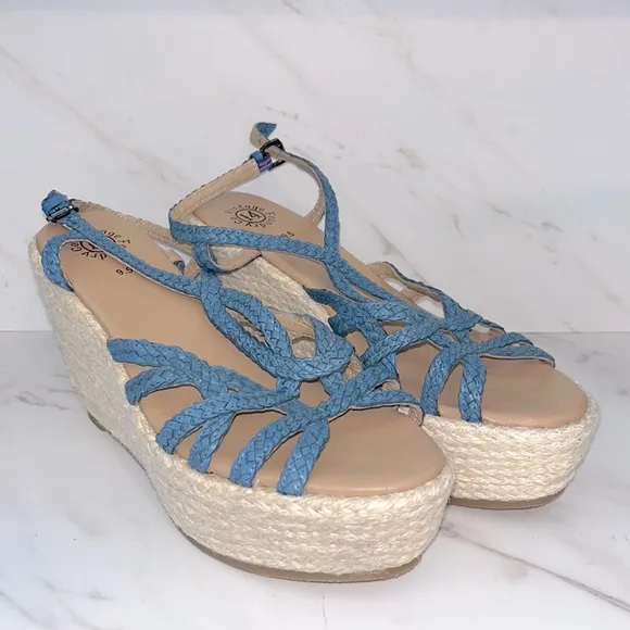NEW Vintage foundry Eloise blue strappy woven wedge heel sandals sz 9.5