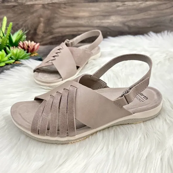 NIB Earth Suzie 8M Leather Woven Lightweight Slingback Sandals Taupe