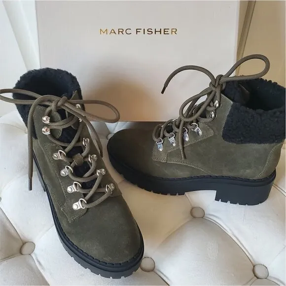 NIB MARC FISHER Leigan Olive Sherpa Suede Lace Up Lug Sole Hiker Bootie 7