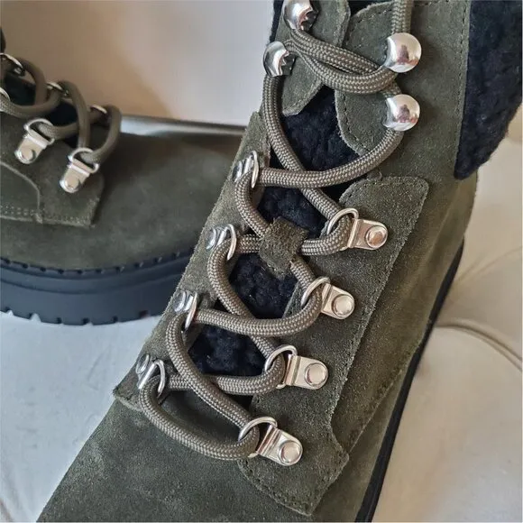 NIB MARC FISHER Leigan Olive Sherpa Suede Lace Up Lug Sole Hiker Bootie 7