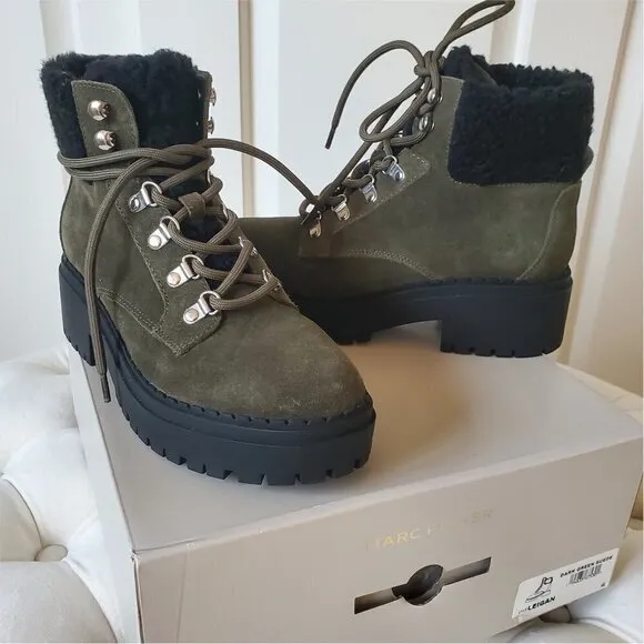 NIB MARC FISHER Leigan Olive Sherpa Suede Lace Up Lug Sole Hiker Bootie 7