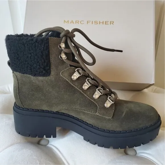 NIB MARC FISHER Leigan Olive Sherpa Suede Lace Up Lug Sole Hiker Bootie 7