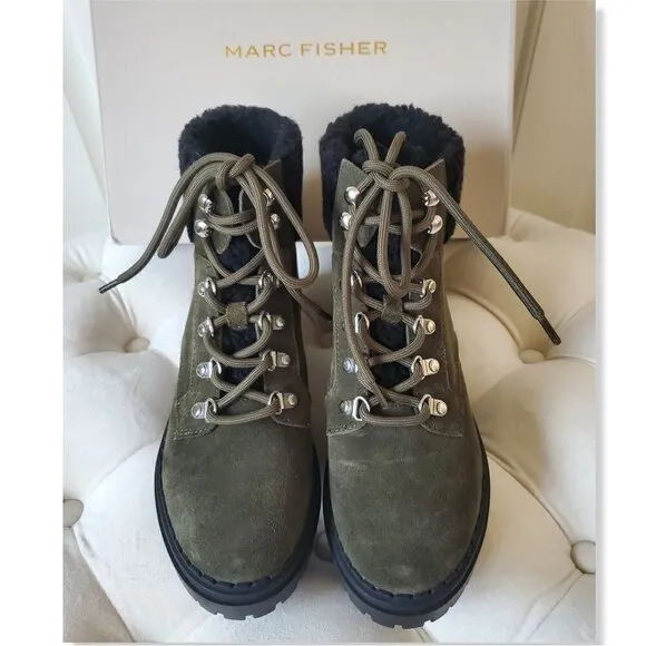 NIB MARC FISHER Leigan Olive Sherpa Suede Lace Up Lug Sole Hiker Bootie 7