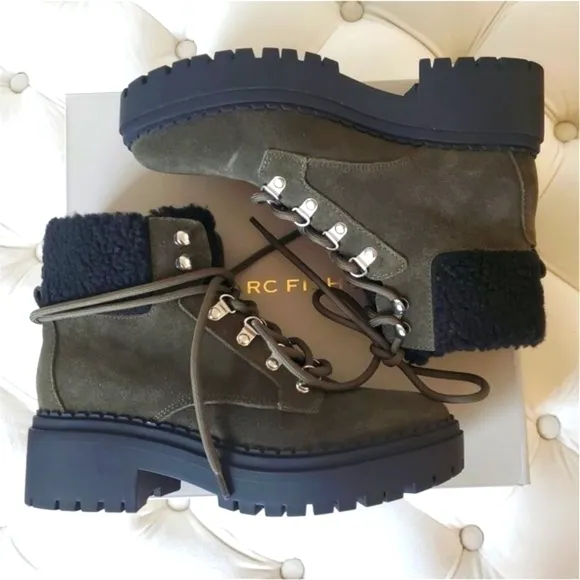 NIB MARC FISHER Leigan Olive Sherpa Suede Lace Up Lug Sole Hiker Bootie 7