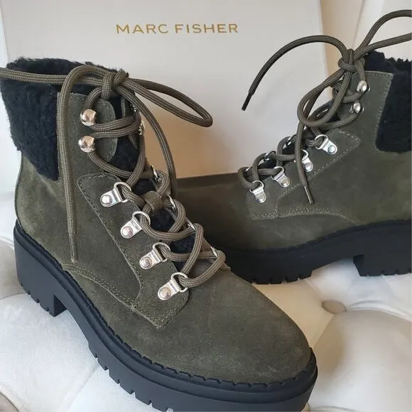 NIB MARC FISHER Leigan Olive Sherpa Suede Lace Up Lug Sole Hiker Bootie 7