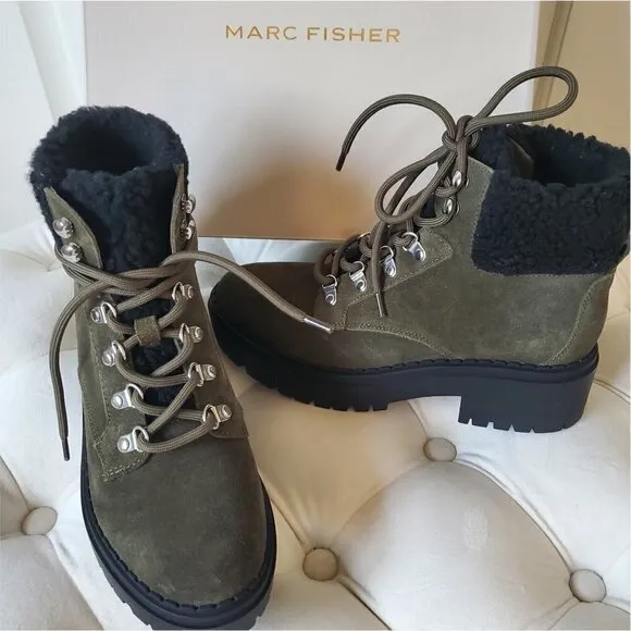 NIB MARC FISHER Leigan Olive Sherpa Suede Lace Up Lug Sole Hiker Bootie 7